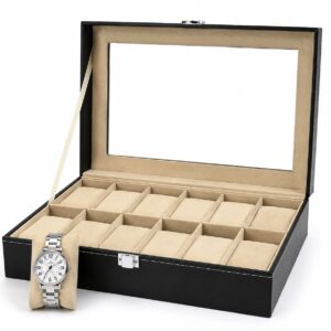 Elegant PU Leather Watch Box Suede Velvet Beige Color