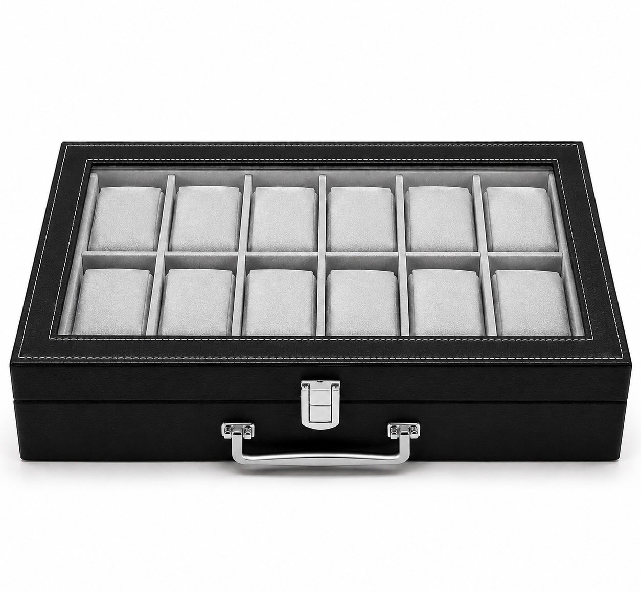 12 Slots Watch Organizer Silver Soft Velvet With Handle