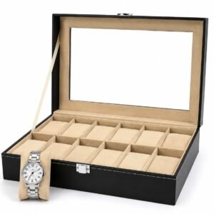 Elegant PU Leather Watch Box Suede Velvet Beige Color