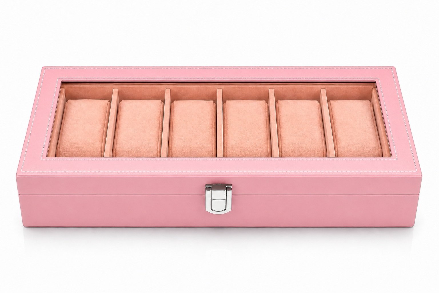 6 Slots Watch Box Organizer Pink Soft Velvet for Girls - Image 3