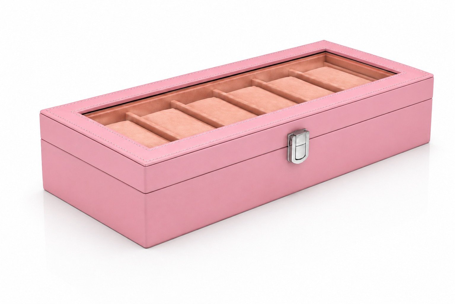 6 Slots Watch Box Organizer Pink Soft Velvet for Girls - Image 2