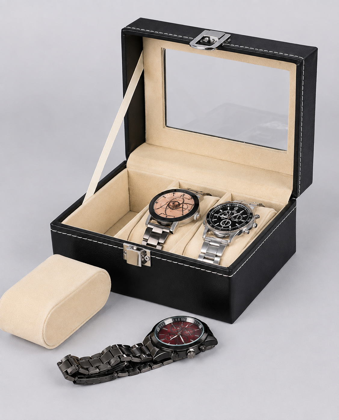 3 Slots Watch Organizer Beige Suede Velvet - Image 2