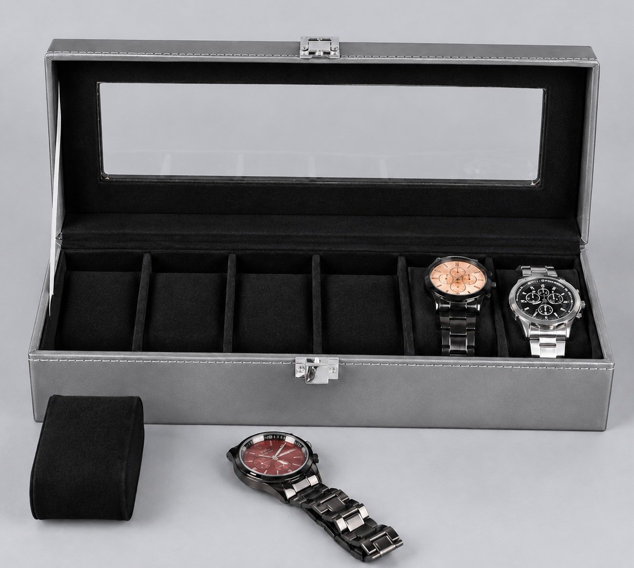 6 Slots Watch Box Organizer Grey Premium - Image 2